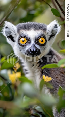 Lemur Sits Among Lush Foliage, Observing Its Surroundings in a Sunny Environment Lemur Sits Among Lush Foliage, Observing Its Surroundings in a Sunny Environment 132232295