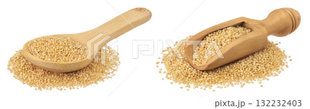Amaranth grain seeds in wooden spoon and scoop isolated on white background 132232403