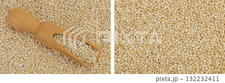 background of sorghum seeds with wooden scoop. Top view. Flat lay. background of sorghum seeds with wooden scoop. Top view. Flat lay. 132232411