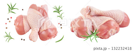 Raw chicken leg or drumstick isolated on white background with full depth of field. Top view. Flat lay Raw chicken leg or drumstick isolated on white background with full depth of field. Top view. Flat lay 132232418