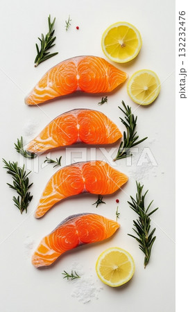 Fresh Salmon Fillets Displayed With Lemon and Herbs for Culinary Inspiration 132232476