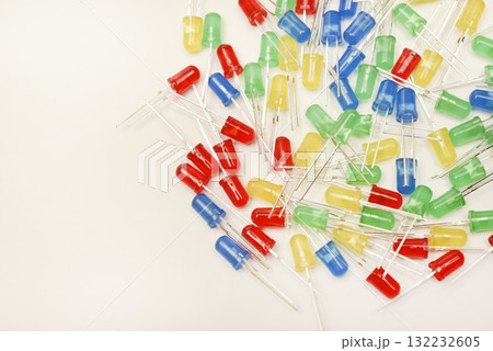 A scattering of LEDs. Multi-colored LEDs in bags. Electronic elements. A scattering of LEDs. Multi-colored LEDs in bags. Electronic elements. 132232605