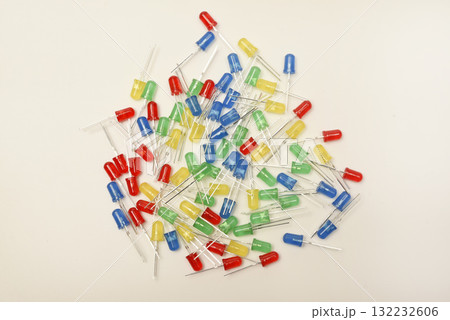 A scattering of LEDs. Multi-colored LEDs in bags. Electronic elements. A scattering of LEDs. Multi-colored LEDs in bags. Electronic elements. 132232606