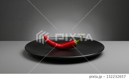 A red pepper sits on a black plate 132232657