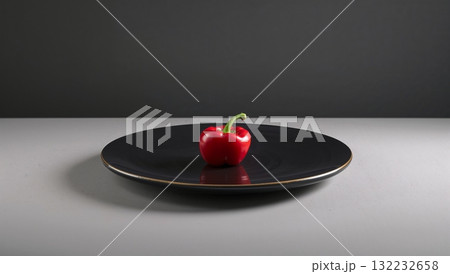 A red pepper sits on a black plate A red pepper sits on a black plate 132232658