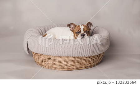 A dog is sleeping in a basket A dog is sleeping in a basket 132232664