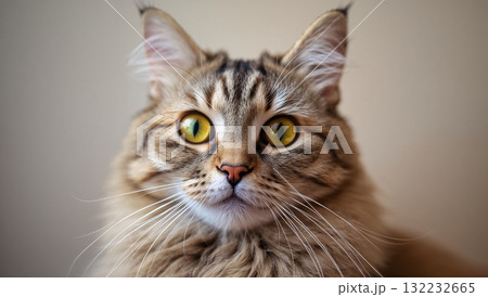 A cat with a yellow eye stares at the camera 132232665