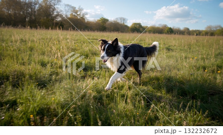 A black and white dog is running through a field of grass 132232672