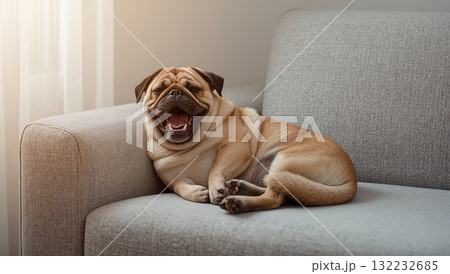 A pug dog is laying on a couch and appears to...のイラスト素材 [132232685] - PIXTA