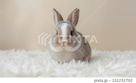 A small rabbit is sitting on a white blanket A small rabbit is sitting on a white blanket 132232702