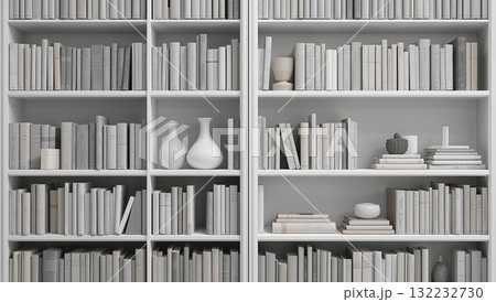 A white bookshelf with many books and a vase on the top shelf A white bookshelf with many books and a vase on the top shelf 132232730
