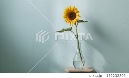 A vase with a sunflower in it sits on a table A vase with a sunflower in it sits on a table 132232803
