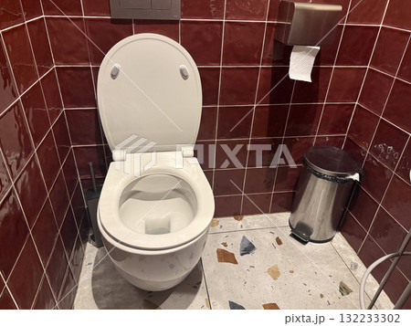 Toilet, bin, and paper holder in restroom corner. Organization, hygiene, and practical interior arrangement in public bathroom space. 132233302