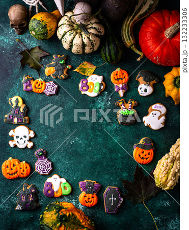 Halloween cookies in shape of ghost, jack-o-lantern and skull 132233306