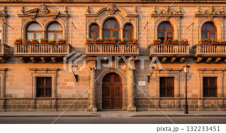 Ornate Historic Building Facade With Flower Boxes - Generative Ai 132233451