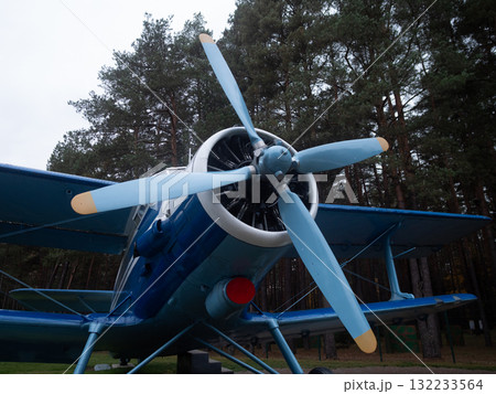 retro biplane with detailed engine and wings, exquisite restored biplane featuring radial engine and fabric wings, vintage aircraft showcased with intricate details and classic design 132233564