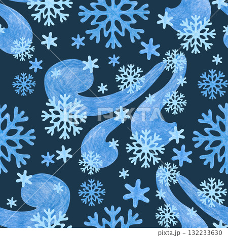 A stylized snowstorm with snowflakes swirling in the wind is hand-drawn. Seamless dynamic pattern of a snowstorm on a dark blue background. Drawing with colored pencils. A stylized snowstorm with snowflakes swirling in the wind is hand-drawn. Seamless dynamic pattern of a snowstorm on a dark blue background. Drawing with colored pencils. 132233630