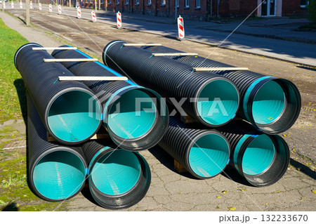 Stacked HDPE double wall corrugated pipes for underground drainage and utility installation 132233670
