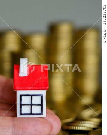 Hand holding small house model with red roof against stacks of golden coins, symbolizing property value Hand holding small house model with red roof against stacks of golden coins, symbolizing property value 132233703