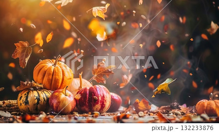 A dark background with a pumpkin and some apples and autumn leaves. Copy place A dark background with a pumpkin and some apples and autumn leaves. Copy place 132233876