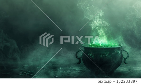 A green cauldron with smoke coming out of it. Halloween scene is mysterious and eerie 132233897