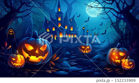An atmospheric art illustration of a Halloween scene with pumpkins and bats set against a dusky sky. Halloween background horizontal banner. An atmospheric art illustration of a Halloween scene with pumpkins and bats set against a dusky sky. Halloween background horizontal banner. 132233909