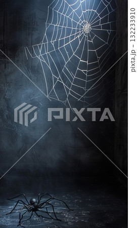 A spider web is shown in the background with a spider in the foreground. The spider is black and has a long body. Halloween background 132233910