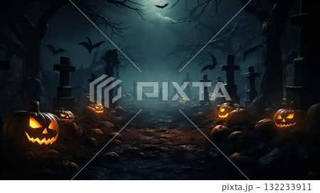 A graveyard with a path of pumpkins and crosses. Halloween background horizontal banner. A graveyard with a path of pumpkins and crosses. Halloween background horizontal banner. 132233911