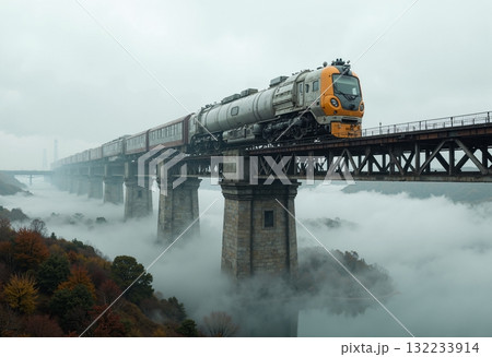 A train travels across a bridge on a foggy day 132233914