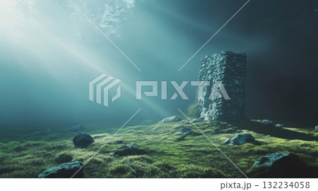 Enchanted valley with ruins and glowing moss bathed in blue mist and faint light beams Enchanted valley with ruins and glowing moss bathed in blue mist and faint light beams 132234058