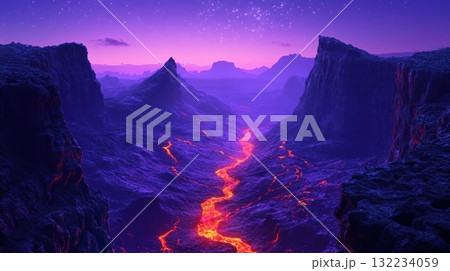 Fantasy volcanic terrain with glowing lava rivers at twilight against a basalt cliff backdrop Fantasy volcanic terrain with glowing lava rivers at twilight against a basalt cliff backdrop 132234059