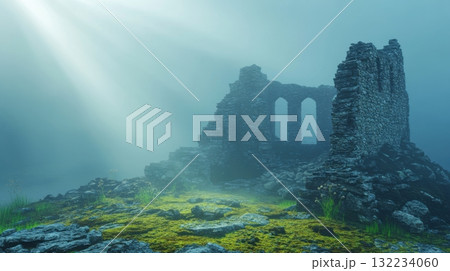 Enchanted valley with stone ruins in thick blue mist and glowing moss, illuminated by faint light beams Enchanted valley with stone ruins in thick blue mist and glowing moss, illuminated by faint light beams 132234060