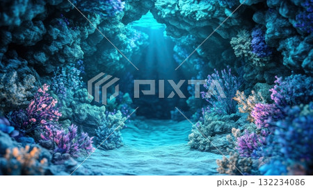 Fantasy underwater cave glowing with bioluminescent corals and crystal formations in ethereal blue and green 132234086