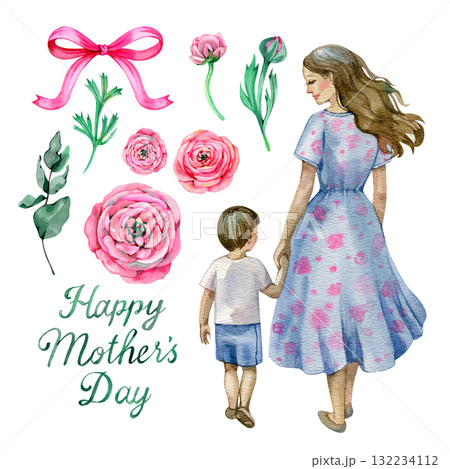 Watercolor Illustration set of Mother and Kids. Floral elements pink ranunculus and eucalyptus, 132234112