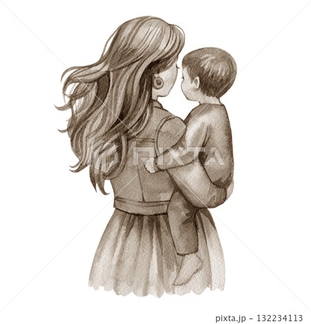 Mother holding a baby watercolor art Mother's Day illustration isolated on white background. Art for greeting card, sticker, wrapping 132234113