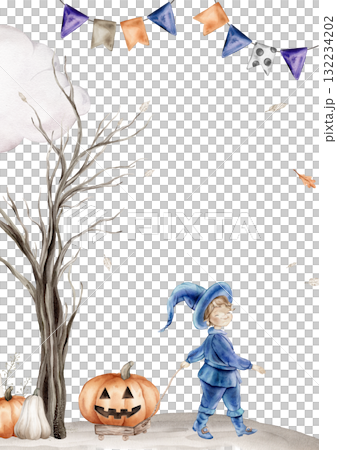 Vertical Halloween Banner or postcard watercolor illustration with wizard in hat with a wooden cart with Pumpkin. Drawing of autumn frame with garlands on isolated background. Border with fall leaves Vertical Halloween Banner or postcard watercolor illustration with wizard in hat with a wooden cart with Pumpkin. Drawing of autumn frame with garlands on isolated background. Border with fall leaves 132234202