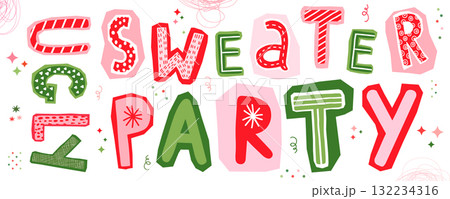 Ugly Christmas Sweater Hand Written Vector Text in Red, Pink and Green for Banners, Invitations and Posters 132234316