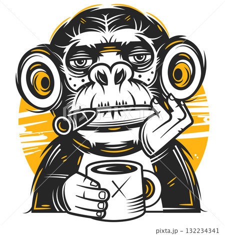 Cute Cartoon Monkey Wearing Holding a Mug of Coffee. 132234341