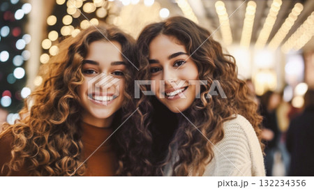 Two beautiful women with curly hair smiling at the camera. The girls with long, curly brown hair, smiling with joy. They are standing close together This is AI-generated item Two beautiful women with curly hair smiling at the camera. The girls with long, curly brown hair, smiling with joy. They are standing close together This is AI-generated item 132234356