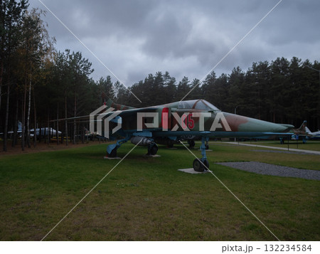 camouflage attack jet parked under stormy sky on grassy clearing, full airframe view with nose, wings and landing gear visible, surrounding pine trees and dramatic clouds create solemn camouflage attack jet parked under stormy sky on grassy clearing, full airframe view with nose, wings and landing gear visible, surrounding pine trees and dramatic clouds create solemn 132234584