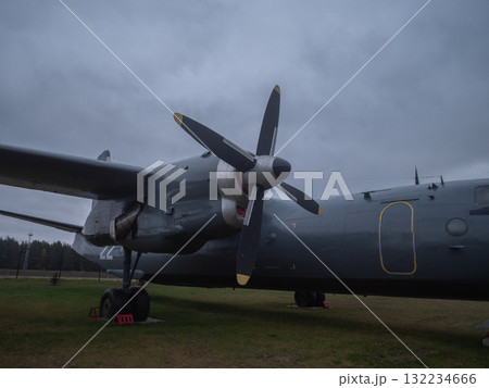 side view propeller and fuselage detail under cloudy sky, visible rivets and panels, worn paint and metal texture suggest long service life and active preservation project 132234666
