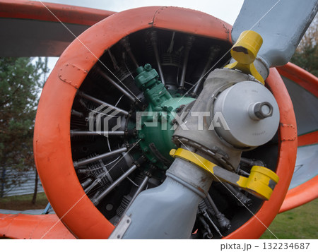 classic aircraft detail, vintage radial engine craftsmanship, retro aircraft engine with restored mechanical features, oldschool radial engine showcasing restoration and mechanical artistry 132234687