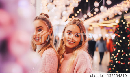 Two young women smiling in a festive shopping mall during the Christmas season. Beautiful girls in a mall setting, smiling brightly near a Christmas tree This is AI-generated item 132234810