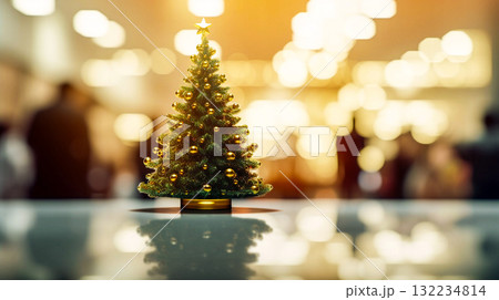 Christmas tree with golden ornaments on a reflective surface. A festive Christmas tree adorned with golden ornaments and a star. Wintertime holidays This is AI-generated item Christmas tree with golden ornaments on a reflective surface. A festive Christmas tree adorned with golden ornaments and a star. Wintertime holidays This is AI-generated item 132234814