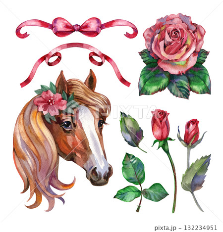 Romantic fairy tale set with rose flowers, ribbons and horse. Perfect for wedding, Birthday, bouquet, invitations, logos, baby shower Romantic fairy tale set with rose flowers, ribbons and horse. Perfect for wedding, Birthday, bouquet, invitations, logos, baby shower 132234951