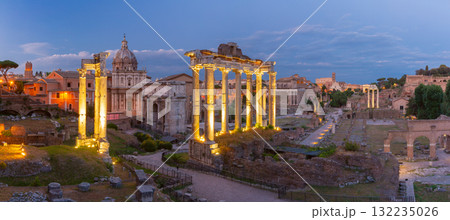 Roman Forum illuminated at sunset in Rome, Italy 132235026