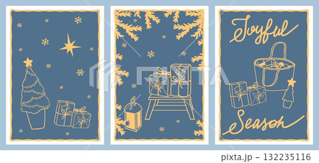 Christmas card set Handrawn outline festive elements, Christmas tree, gifts boxes and handwritten lettering for holiday greetings, invitations or graphic projects Christmas card set Handrawn outline festive elements, Christmas tree, gifts boxes and handwritten lettering for holiday greetings, invitations or graphic projects 132235116