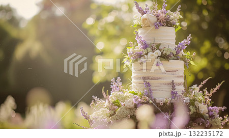 Wedding cake with lavender flowers. Holiday table decoration 132235172