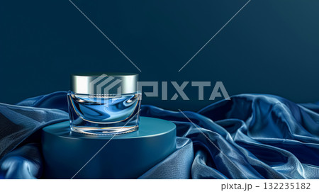 Cosmetic cream in a glass jar on blue backdrop. Skin care concept. Background for beauty products 132235182