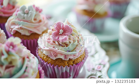 Birthday cake with candles and flowers on the table. Selective focus 132235183